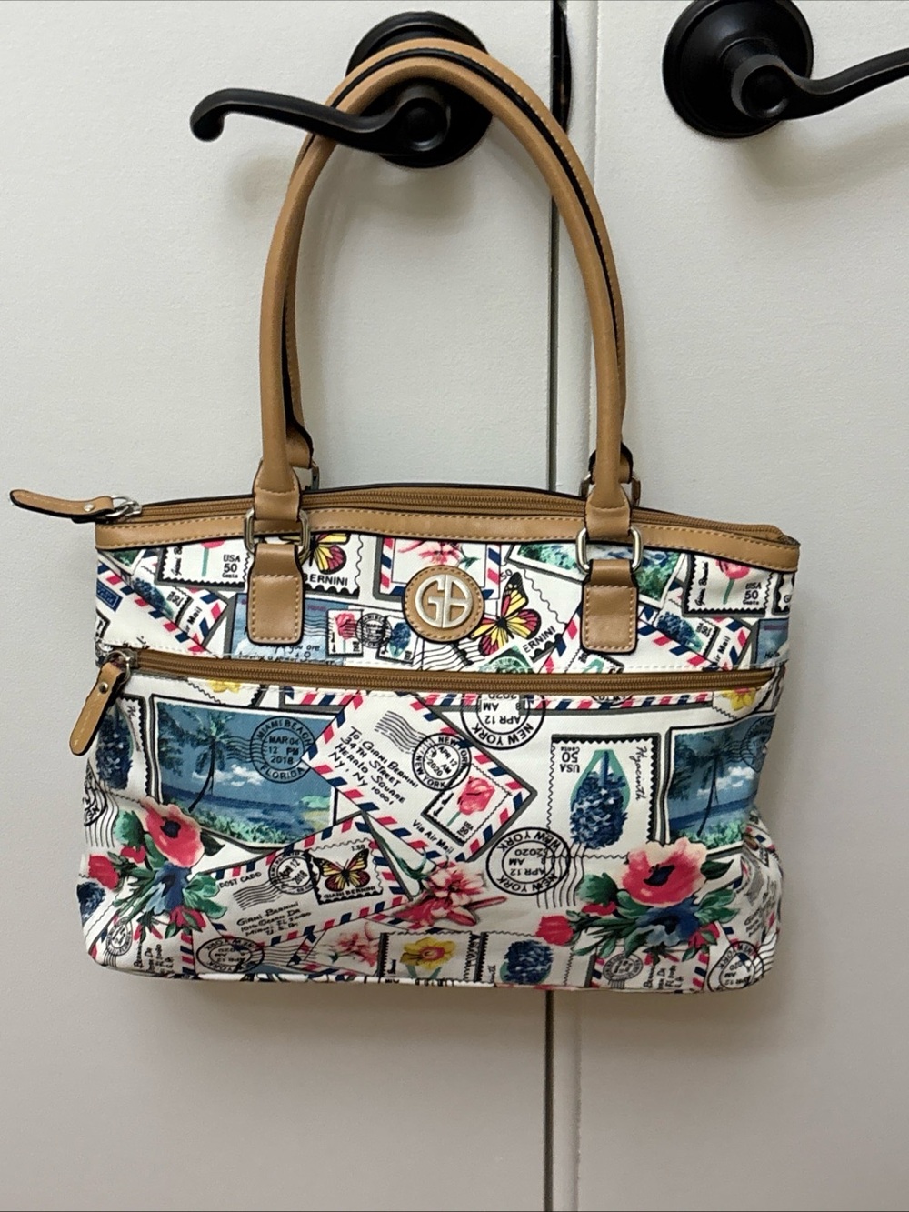 Giani Bernini Postcard Medium Tote Bag Purse Floral Stamp Travel Multi Color